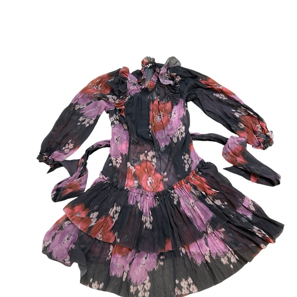 NWT unsubscribed Floral Long Sleeve sheer floral Dress tie belt ruffle black  8 - Picture 8 of 13